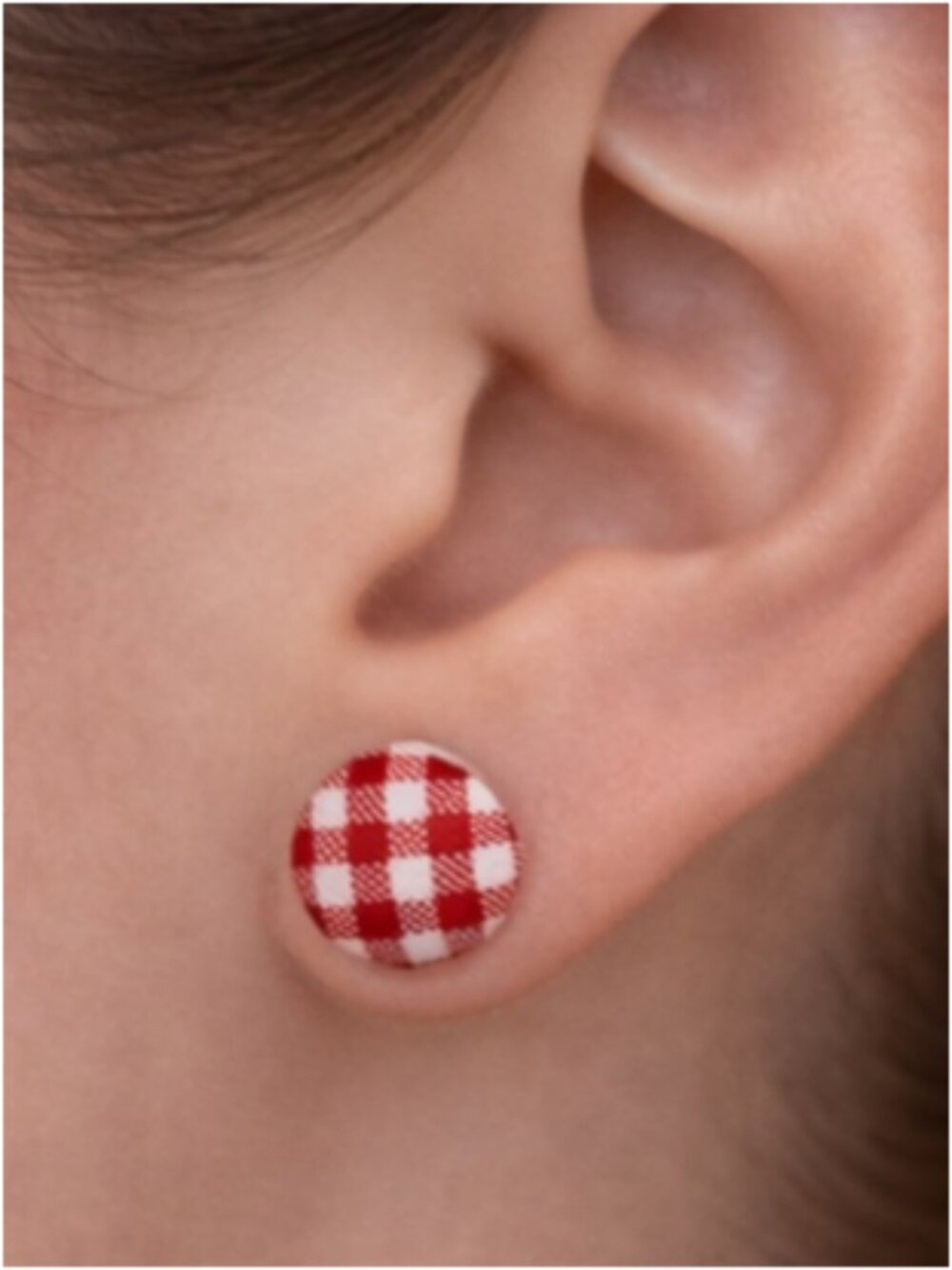 Red White Gingham Stud Earrings Round Checkered Picnic Cottagecore 7/16”